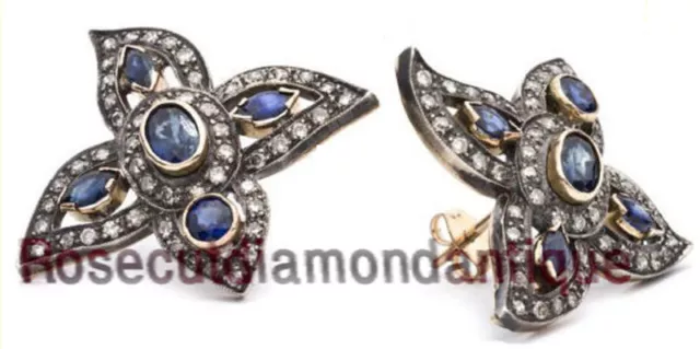 ESTATE ART DECO ANTIQUE ROSE CUT DIAMOND 1.82ct SAPPHIRE VICTORIAN LOOK EARRINGS