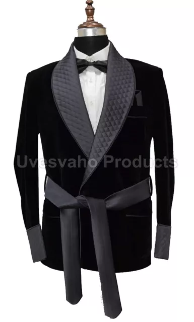 Men Smoking Jacket Elegant Luxury Designer Black & Gray Belted Party Blazer coat