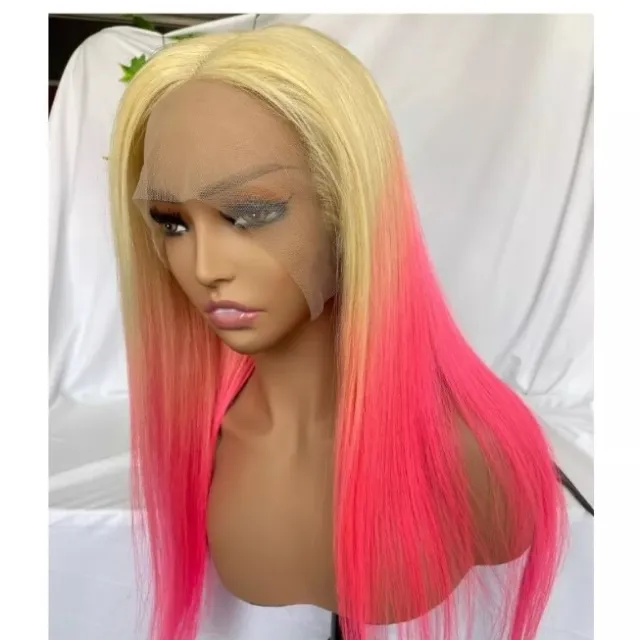 blaire blonde pink ombre straight long European 100% human Hair lace front Wig