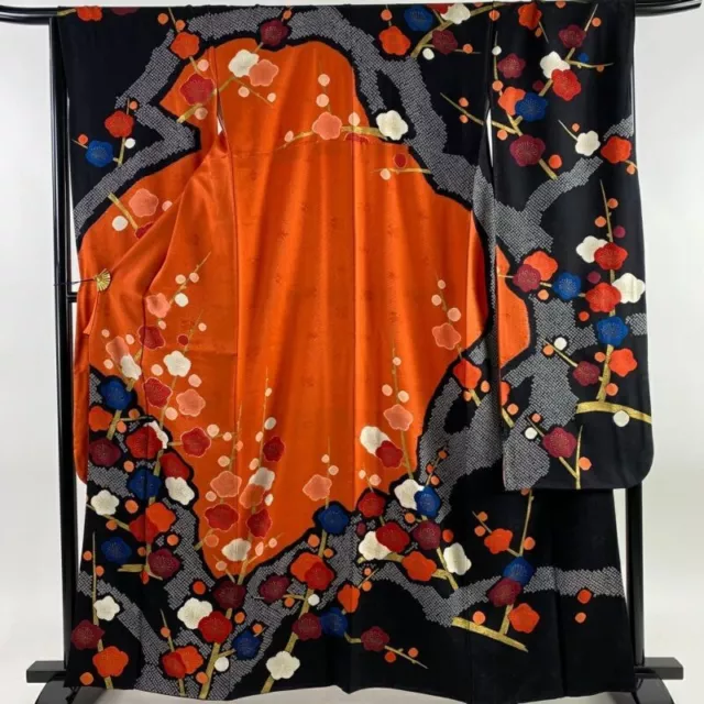 Woman Japanese Kimono Furisode Silk Plum Blossom Gold Foil Shibori Vermilion