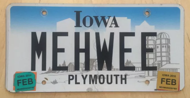 Iowa Graphic Vanity License Plate " Mehwee "  Meh Wee