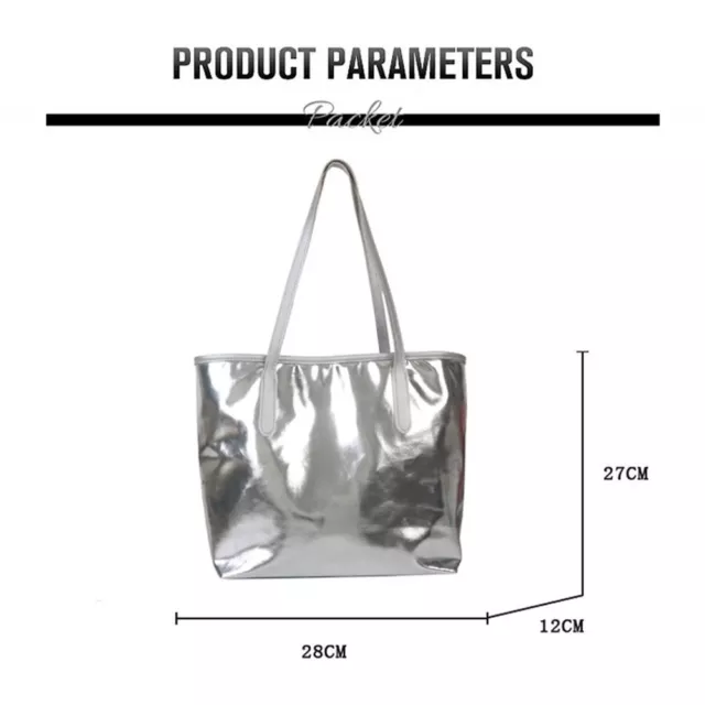 LARGE CAPACITY SILVER Tote Bags PU Leather Handle Bag Shopping Bag ...