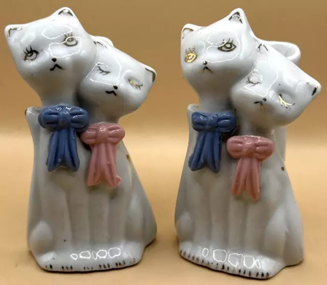 Mini Vases Cats with White  Blue and Pink Bow Ceramic Figurines 3-1/2 in Vintage