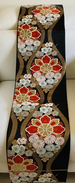 Fab vintage seta nera giapponese ""Fiori e onde Tatewaku"" Fukuro-Obi per kimono