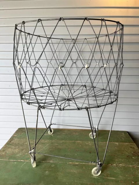 Vintage Mid-Century Collapsible Rolling Folding Wire Laundry Basket