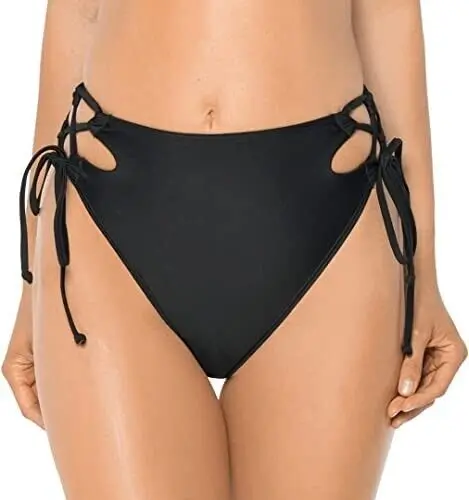 NEW Relleciga Swim Bikini Bottoms High Cut Black High Waist Strappy Side Ties L