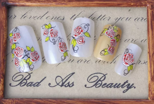 Red Roses One Stroke Water Transfers Nail Art Stickers Decals Tips Decoration