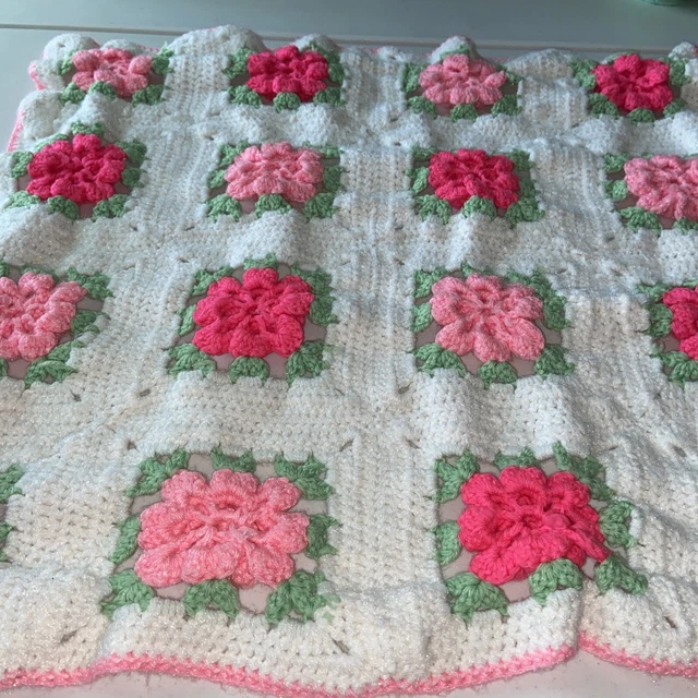 VTG Handmade Crochet 3D Rose Afghan Throw Baby Blanket Granny Square (So Sweet!)