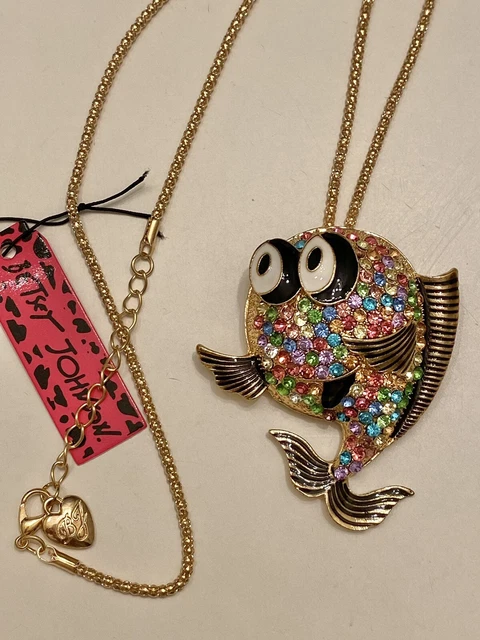 Betsey Johnson Colorful Enamel Crystal Fish Pendant Chain Necklace Brooch NWT