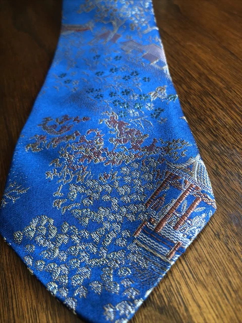 VTG  50’s Japanese Garden Kimono Print Jaguard Silk Tie Bullock’s Los Angeles