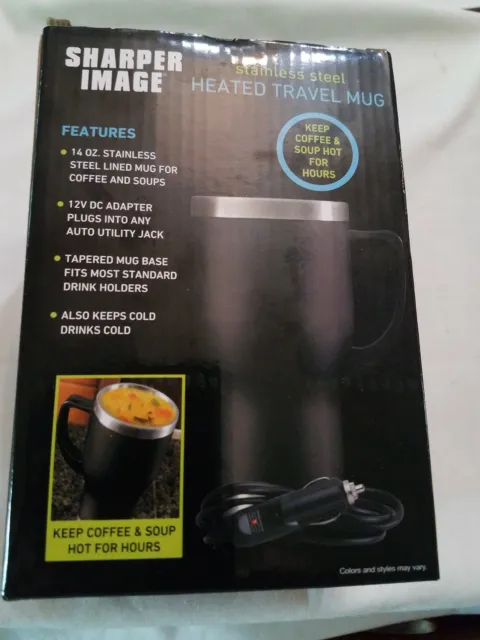 Sharper Image Stainless Steel Heated Travel Mug, 14 Oz, New With 12V Dc Apapter