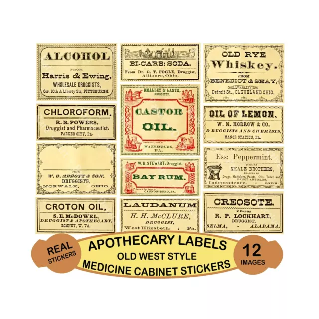16 Blank Apothecary & Medicine Bottle Label Stickers, Cut & Peel Sheet 952