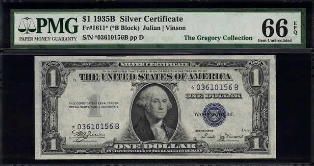1935B $1 Silver Certificate FR-1611* - Star Note - Graded PMG 66 EPQ