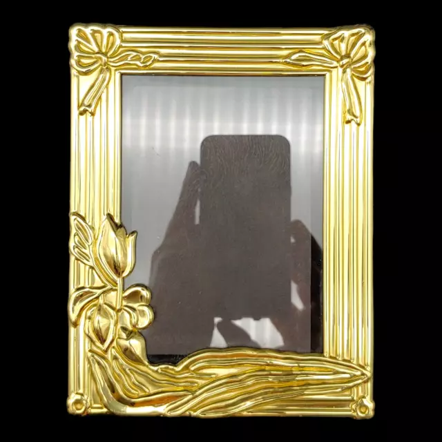 Polished Brass Art Nouveau Picture Frame, 3.5x5 vtg 1980s Gold Floral Flowers