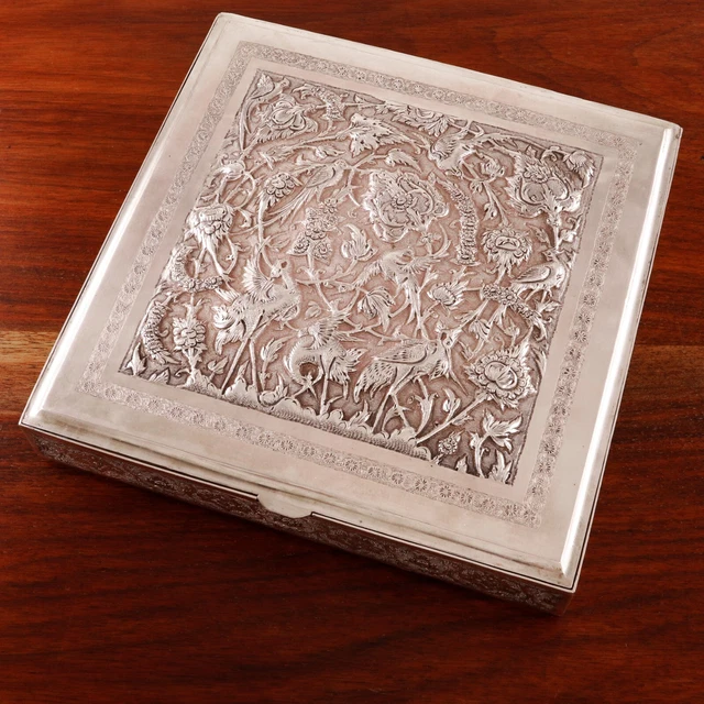 Large Middle Eastern .875 Silver Cigar Box High Relief Array Birds Storks