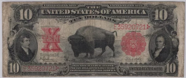 1901 10$ Bison Red Seal Ten Dollar Legal Tender US Note - Speelman White