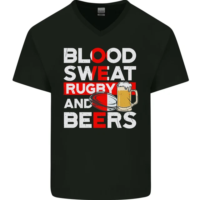 Blood Sweat Rugby and Beers England Funny Mens V-Neck Cotton T-Shirt