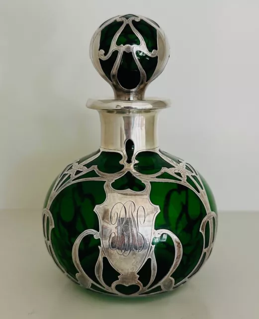 Gorham Sterling Silver Overlay Perfume/Cologne Bottle, Green, Height 6" EUC