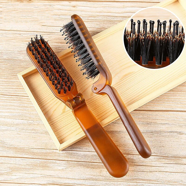 Amber Folding Comb Boar Bristle Hair Brush Portable Styling Tool Salon Trave BII