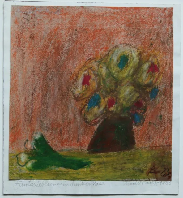 Arnold Fiedler. Fantasieblumen in dunkler Vase. 1983. Signiert. Pastell. Hamburg