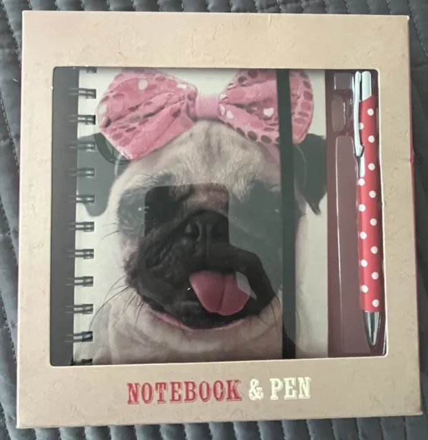 Pug Dog Notebook And Red And White Spotty Pen Gift Set