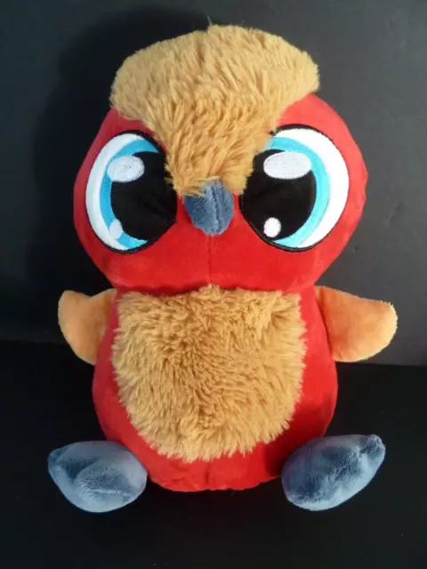 97. GROS DOUDOU PELUCHE AUCHAN OISEAU rouge beige bleu 28cm - EXCELL. ETAT