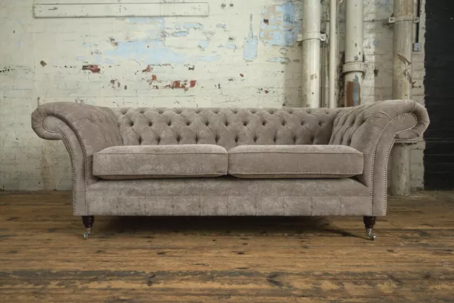 Handmade 3 Seater Textured Mink Beige Velvet Fabric Chesterfield Sofa Couch