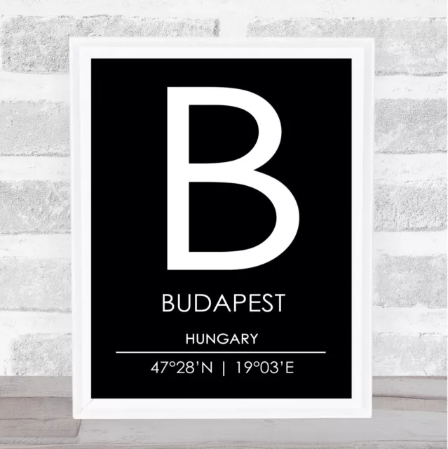 Budapest Hungary Coordinates Black & White World City Travel Quote Poster Print