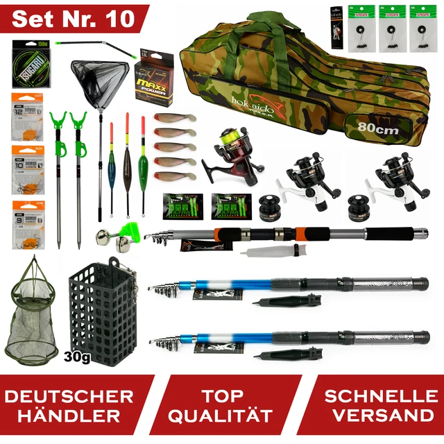KOMPLETTSET ANGELAUSRÜSTUNG ANGELSET 3x RUTEN 3x ROLLE TASCHE-80cm + Zubehör Z10