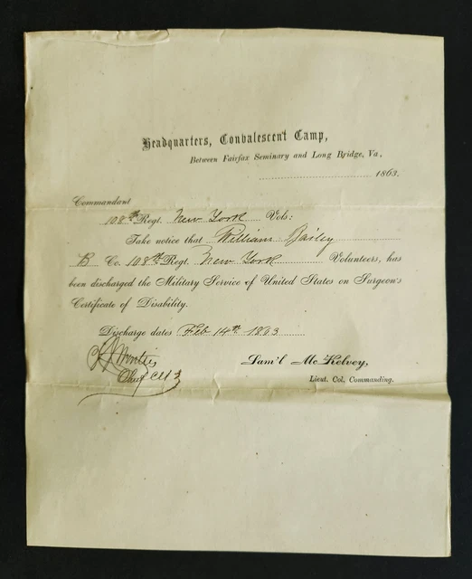 1863 antique CIVIL WAR DISABILITY DISCHARGE for WILLIAM BAILY 108th Reg NY Co B