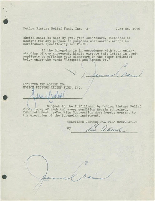 Jeanne Crain - Document Double Signed 06/26/1946
