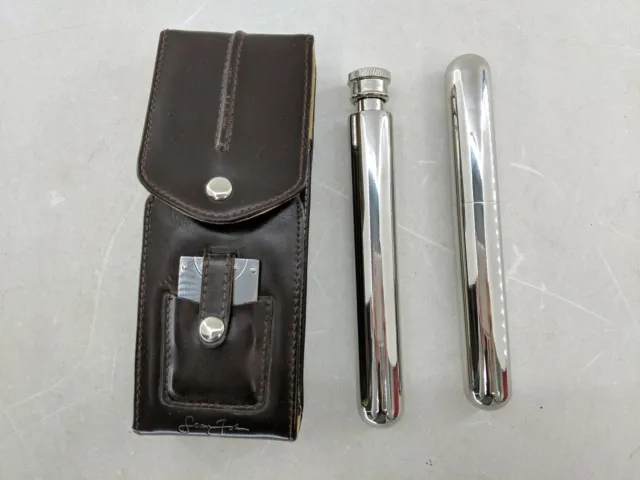 Sean John Cigar Tube Cutter, Flask & Holder w/ Leather Case Stainless