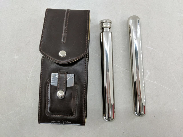 Sean John Cigar Tube Cutter, Flask & Holder w/ Leather Case Stainless