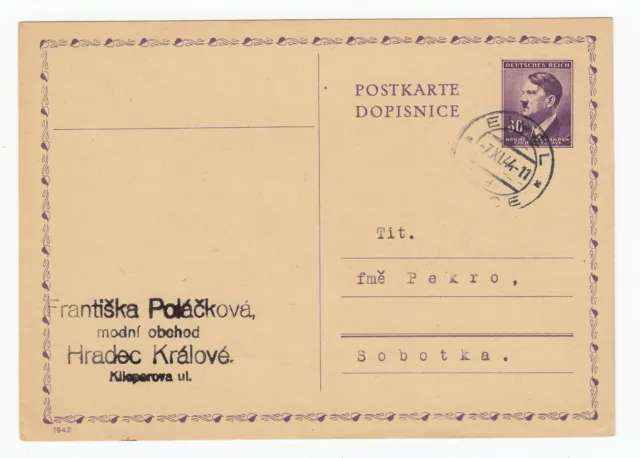 Böhmen und Mähren Postkarte Ganzsache von Eipel Úpice nach Sobotka 1944
