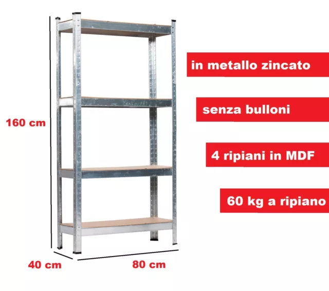 Scaffale in Metallo 4 Ripiani Rinforzati in MDF 4 mm Portata 60 Kg cm 80X40X160h