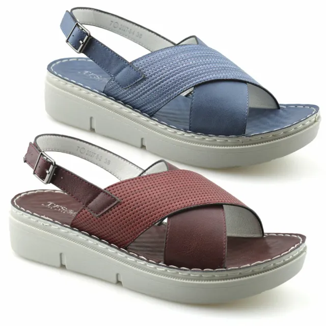 Ladies Womens Mid Wedge Heel Summer Slingback Walking Sandals Mules Shoes Size