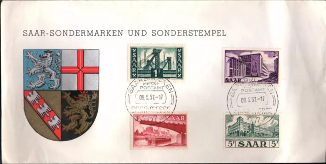 Saarland Nr. 319-322 auf Brief mit Sonderstempel 5.5.1957 Saar Messe Saarbrücken