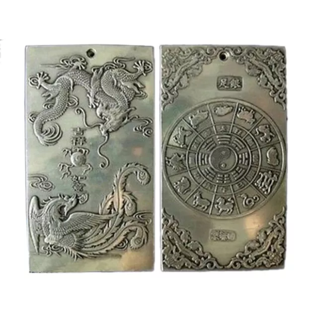 Ancient Chinese Xizang Dragon Phoenix Lucky Amulet Pendant Silver