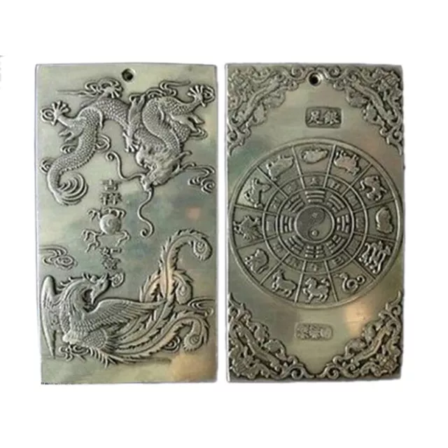 Old Chinese Tibet Dragon Phoenix lucky Bullion Thanka Amulet Pendant Silver