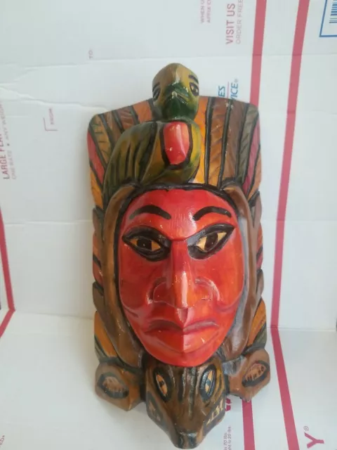 Vintage Mayan Aztec Wooden Hand Carved Hand Painted Ceremonial FACE MASK Warrior