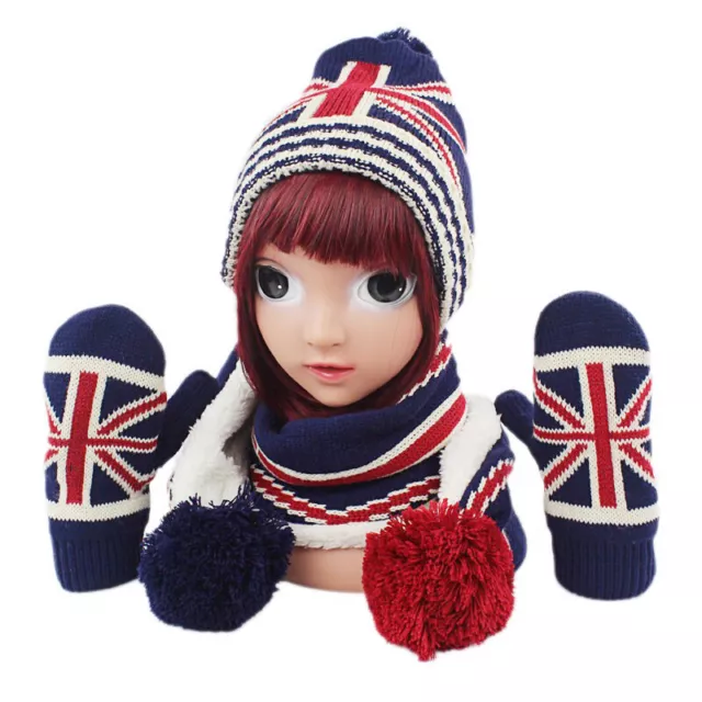 3PCS Winter Warm Baby Kids Knitted Beanie Cap Scarf Gloves Children Ski Set 1-6Y