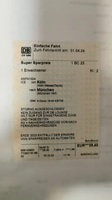 Deutsche Bahn ICE Köln München (01/04/2024 um 18h44 / Ostermontag)