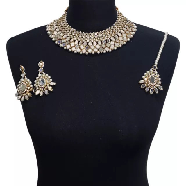 Pakistani Golden Wedding Jewelry Indian Bridal Mirror Jewellery Necklace Set