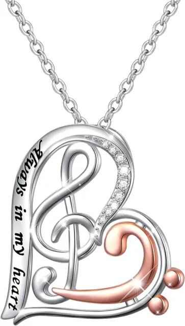925 Sterling Silver Treble Clef Bass Heart Musical Note Pendant Necklace Gift fo