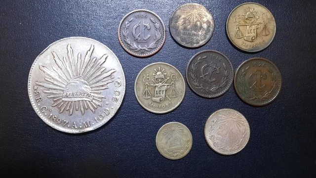 LOT OF 9 MEXICO COINS . 1897 Cn  8 REALES , 1914 CENTAVO , 1919 20 CENTAVOS +