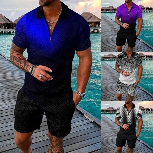 Camicie e pantaloncini da uomo comodi e leggeri da 2 pezzi con cerniera per l'estate