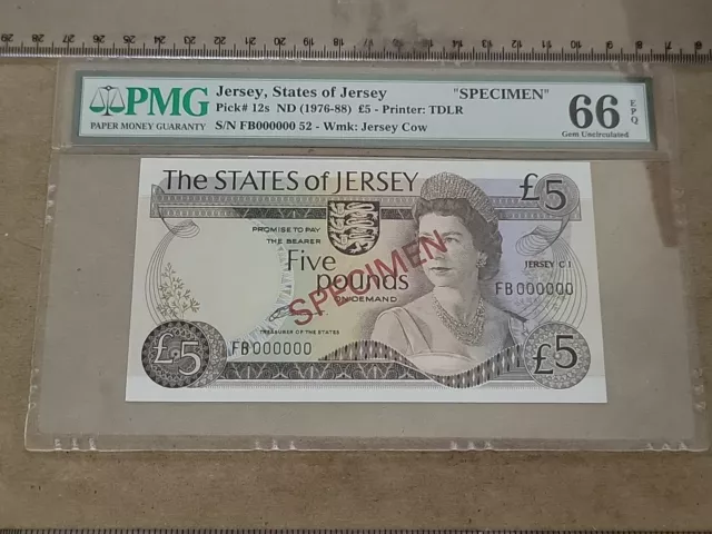 🇯🇪 Jersey 5 Pounds 1976 P-12s P-12 PMG 66 UNC  SPECIMEN Banknote 112623-1