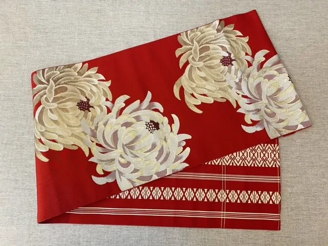 [Red flower] Japanese vintage kimono obi table runner 3