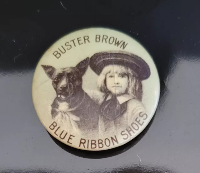 1900's BUSTER BROWN BLUE RIBBON SHOES Advertising Pinback Button Pin Photo Dog