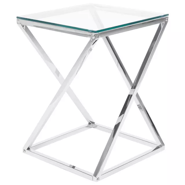 Table d'Appoint Carrée 40 cm avec Plateau en Verre et Cadre en Métal Argenté au